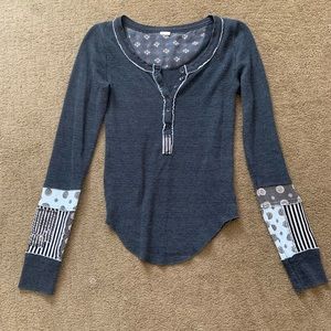 We The Free People Railroad Long Sleeve Thermal Henley Charcoal Gray